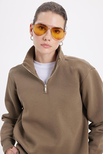 Tudors Women's Relax Fit Comfortable Cut Cotton Fleece Lined Half Zipper Khaki Stand Collar Sweatshirt