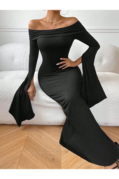 Modayakamoz Kadın Zamansız Şıklık Madonna Yaka Yırtmaç Kol Uzun Abiye Elbise