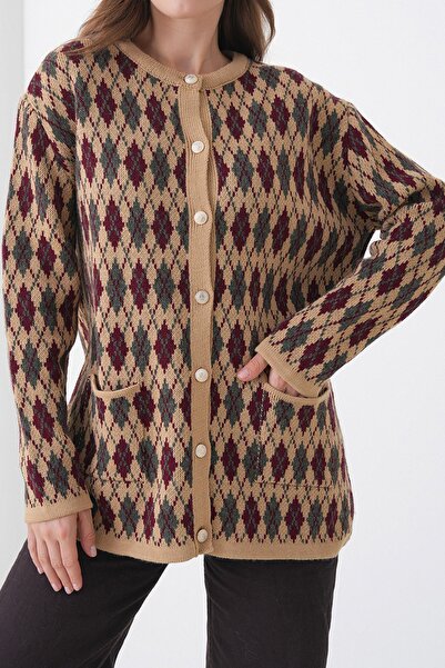 Trend Alaçatı Stili Women's Beige Diamond Patterned Buttoned Pocketed Knit Ca...