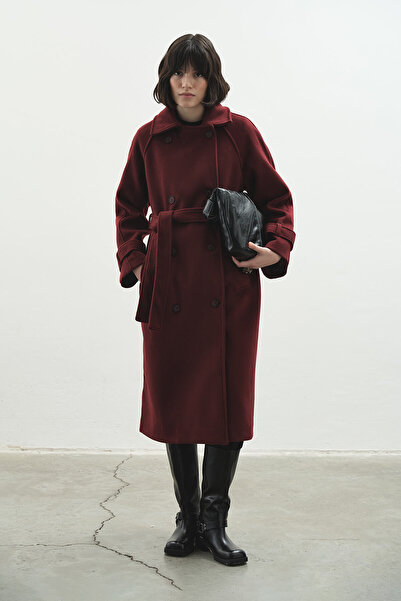 Hooopstore Premium Double-Breasted Cashmere Burgundy Coat