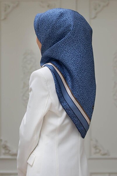 Vissona % 57 İPEK % 43 VİSKON Twill İpek Leopar Desenli İndigo - Krem Renkli ...