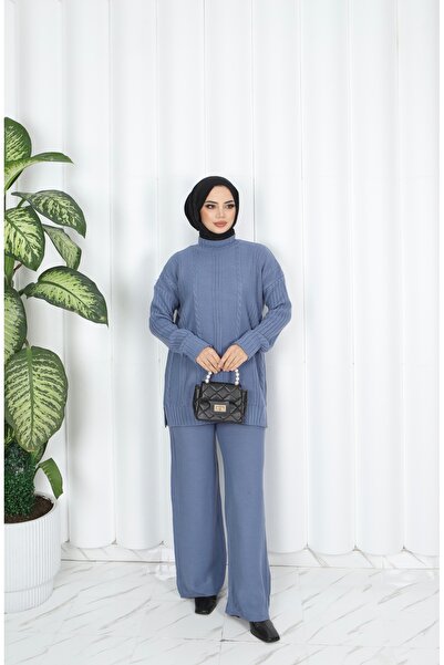 NİSUM MODA Striped Hair Braided Knitwear Set