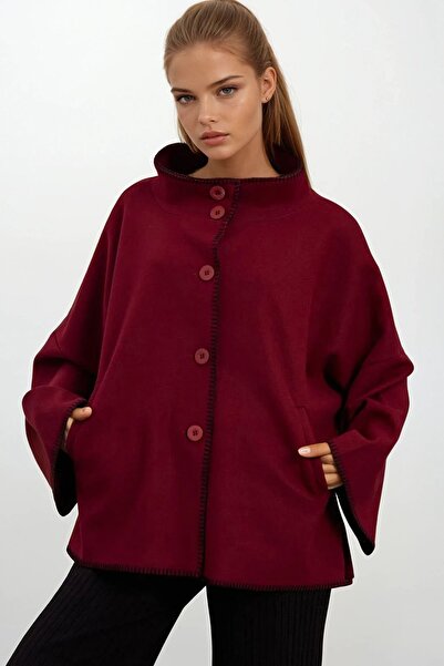 Trend Alaçatı Stili Дамско бордо палто с копчета, широки ръкави, контрастни ш...
