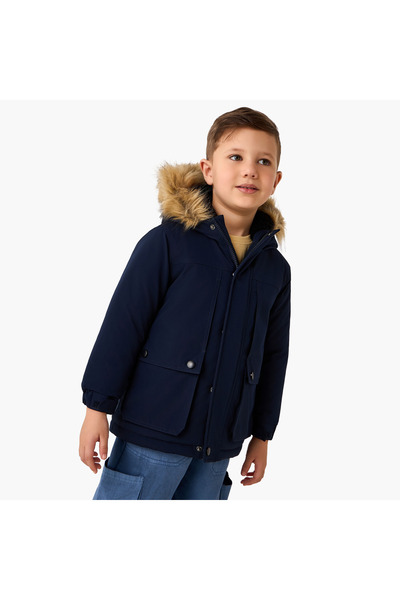 Juniors Faux Fur Hooded Heavy Jacket with Long Sleeves