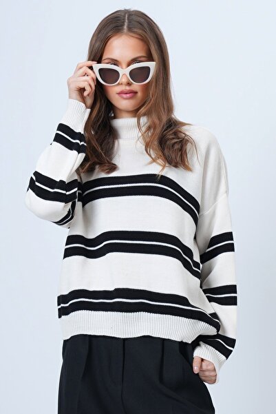 Trend Alaçatı Stili Women's White Turtleneck Kalom Striped Long Sleeve Knitwe...