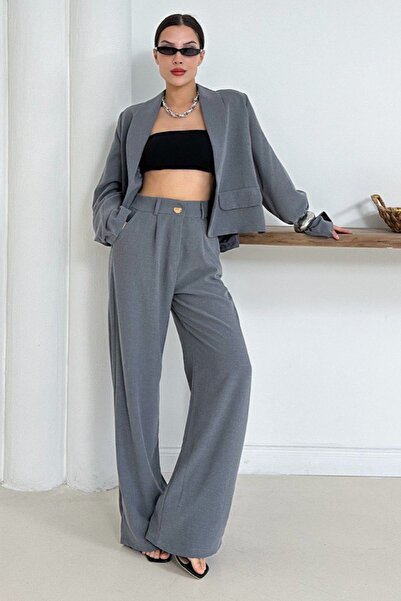 Trend Alaçatı Stili Women's Gray Pocket Accessory Crop Lined Jacket and Doubl...