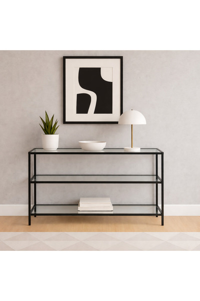 Trendmiz Aura şeffaf Camlı Siyah Metal Dresuar, konsol, tv altı ünitesi 100x60x33 cm