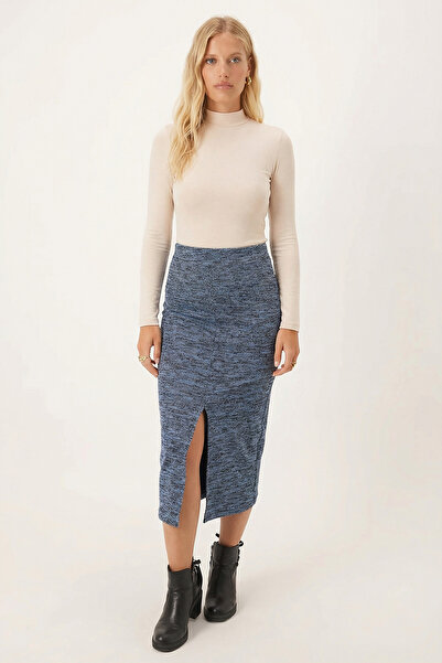 armonika Women's Blue Front Slit Elastic Waist Midi Length Skirt Arm-26K001037