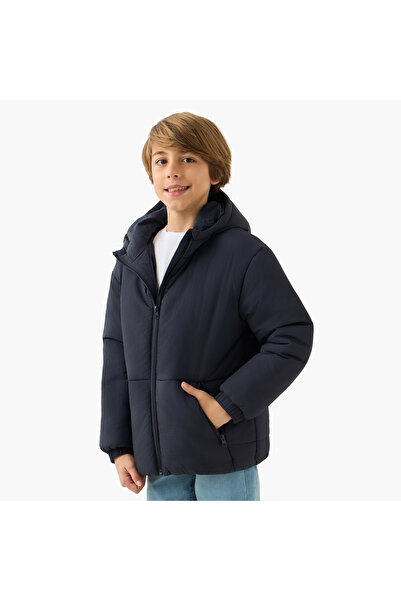 Juniors Solid Padded Hooded Jacket with Zip Closure and Pockets
