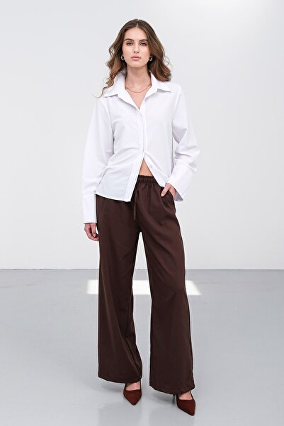 Trend Alaçatı Stili Women's Brown Elastic Waist Double Pocket Wide Leg Trouse...
