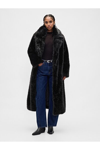 GAP Kadın Siyah Faux Fur Uzun Kürk Palto