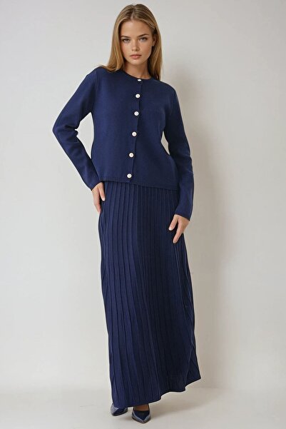 Trend Alaçatı Stili Women's Navy Blue Crew Neck Buttoned Cardigan and Pleated...