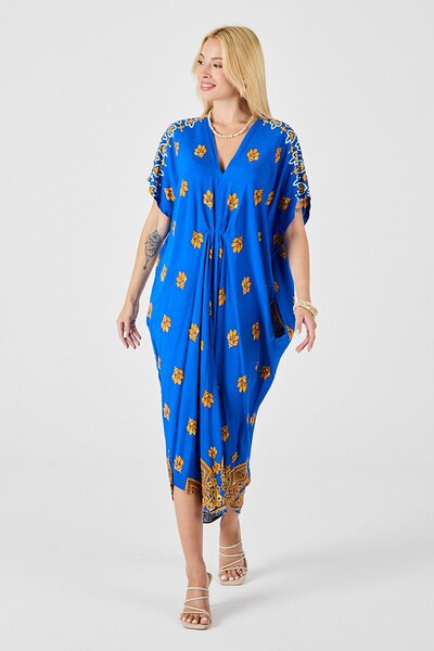 Trend Alaçatı Stili Women's Saks Patterned V-Neck Loose Cut Kaftan Dress Vs00829