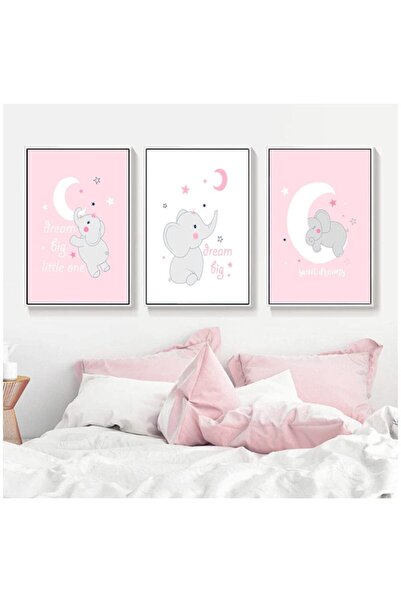 ALAYRA International ملصق ألايرا "القمر والفيل الصغير" أبيض وردي، لوحات جدارية فنية، ملصق وطبعة نورديك