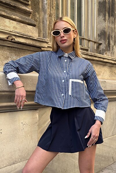 VAGGON Dámská námořnická modrá pruhovaná oversize košile s dlouhým rukávem a ...