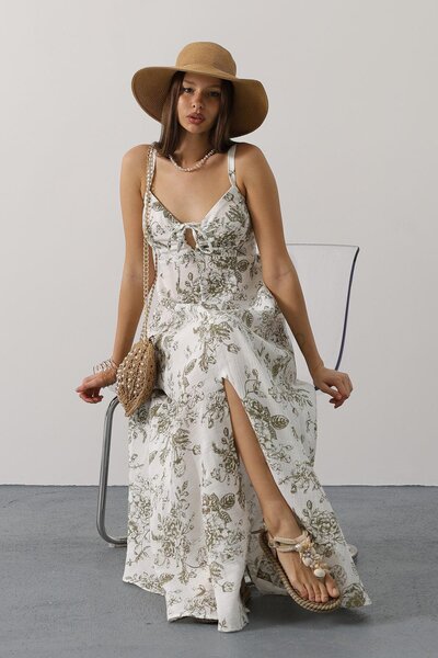 Trend Alaçatı Stili Women's Green Floral Patterned Strap Muslin Dress Vs00649