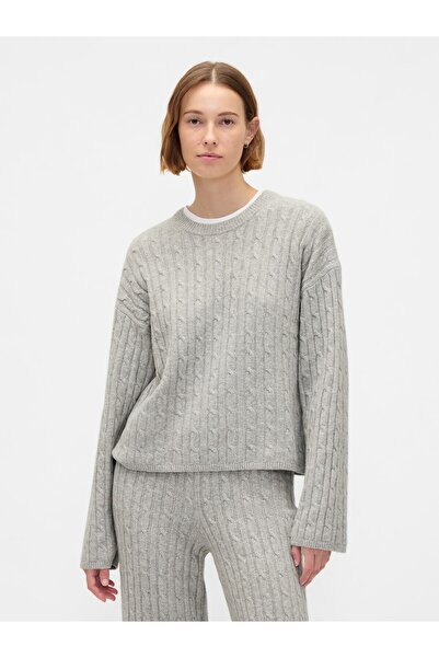 GAP Kadın Gri CashSoft Cable-Knit Bisiklet Yaka Kazak