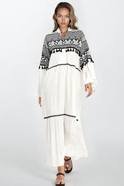 Trend Alaçatı Stili Women's White Buttoned Front Sleeve Elastic Viscose Dress...