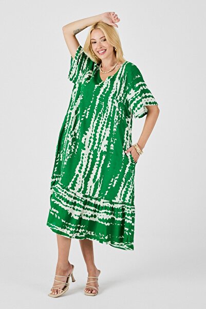 Trend Alaçatı Stili Women's Green Tie-Dye Patterned V-Neck Skirt Flounce Over...