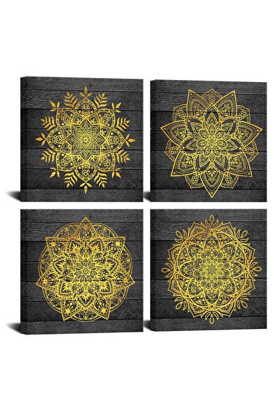 ALAYRA International ALAYRA 4 Piece Framed Yellow Gold Grey Bohemian Boho Flo...