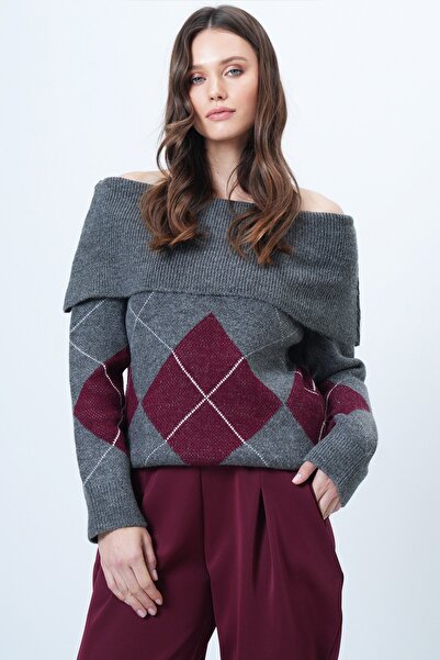 Trend Alaçatı Stili Women's Anthracite Madonna Collar Diamond Patterned Knitw...