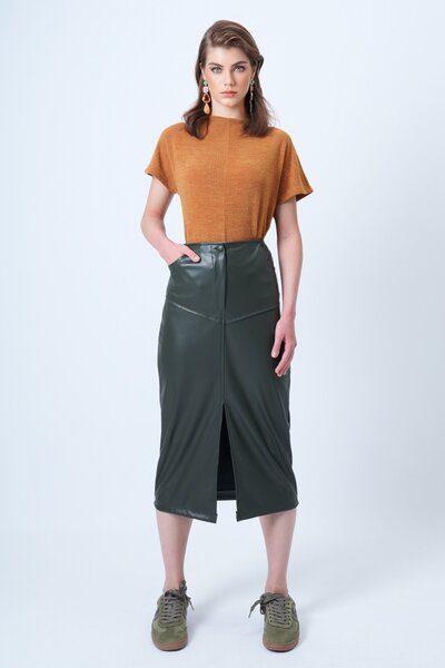 Trend Alaçatı Stili Women's Khaki Double Pocket Slit Midi Length Faux Leather...