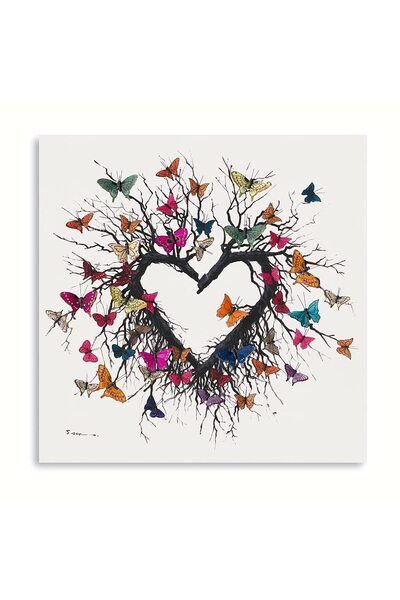 ALAYRA International لوحة جدارية مطبوعة يدوياً من ALAYRA بتصميم شجرة الحب: ملصقات لتزيين الغرفة بفراشات ثلاثية الأبعاد على شكل قلب