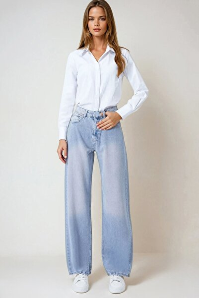 Trend Alaçatı Stili Kadın Buz Mavi 5 Cepli Baggy Jean Vs01020