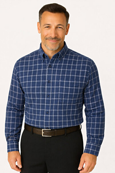 BURSPA Comfortable Cut Striped Checked Winter Men's Dad Shirt