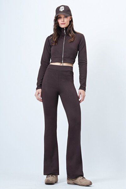 Trend Alaçatı Stili Women's Brown Double Zipper Jacket Flared Sets Vs01552