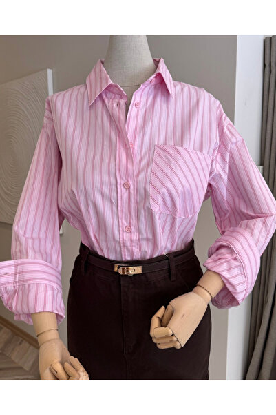 her place Poplin kumaş pamuk pembe çizgili Gömlek