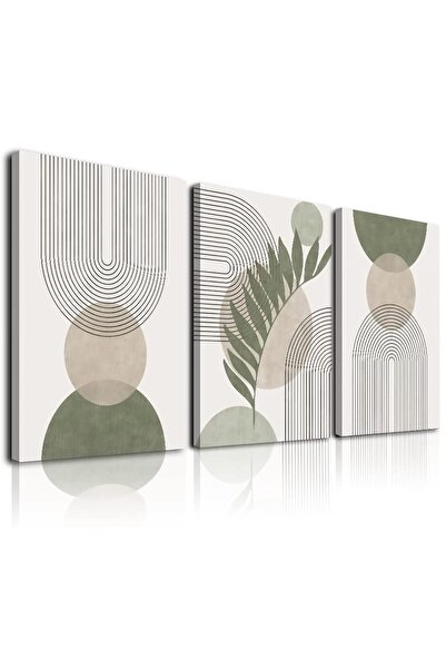 ALAYRA International مجموعة لوحات جدارية بوهيمية من ALAYRA باللون الأخضر المريمي، مكونة من 3 قطع، بتصميم بسيط مؤطر، بخطوط هندسية، أوراق شجر، شمس وقمر