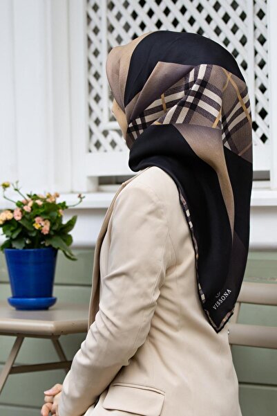 Vissona % 57 İPEK % 43 VİSKON Twill İpek Ekose Desenli Bej - Siyah Renkli 90x...