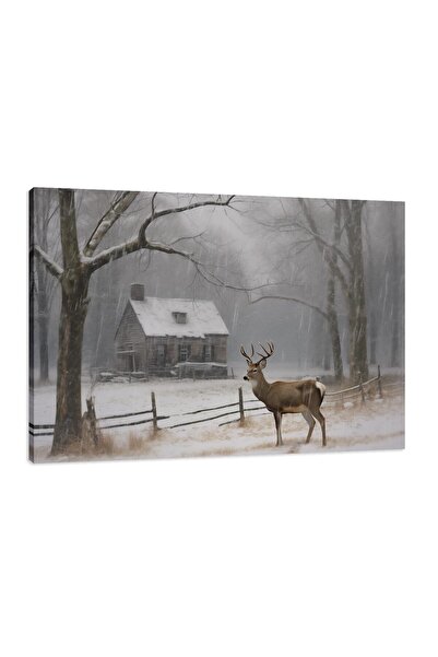 ALAYRA International لوحة جدارية قماشية من ALAYRA، غزال، أشجار، ثلج، سياج منزل ريفي، صورة منزل ريفي