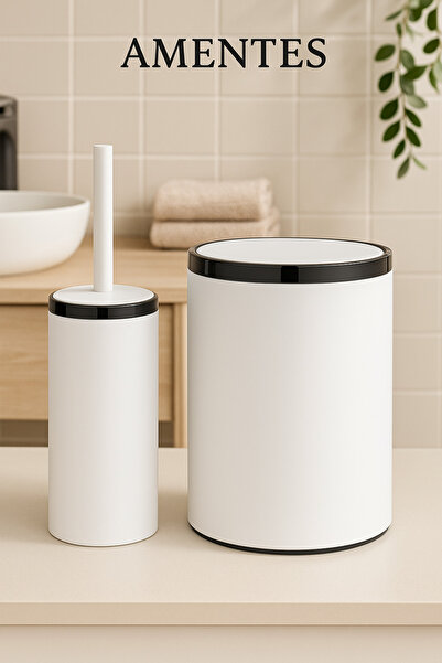 Amentes طقم حمام مكون من سلة مهملات عتيقة الطراز مكونة من قطعتين، طراز مخطط باللون الأبيض سعة 3 لتر ومجموعة فرشاة مرحاض
