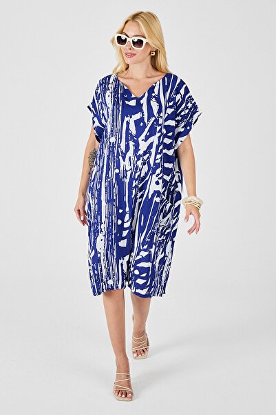 Trend Alaçatı Stili Women's Saks Patterned V-Neck Bat Sleeve Oversize Midi Dress Vs00824
