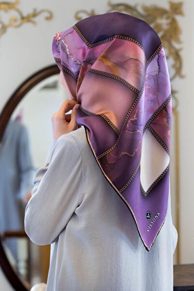 Vissona % 57 İPEK % 43 VİSKON Twill İpek Efektli Bant Desenli Mor - Pudra Ren...