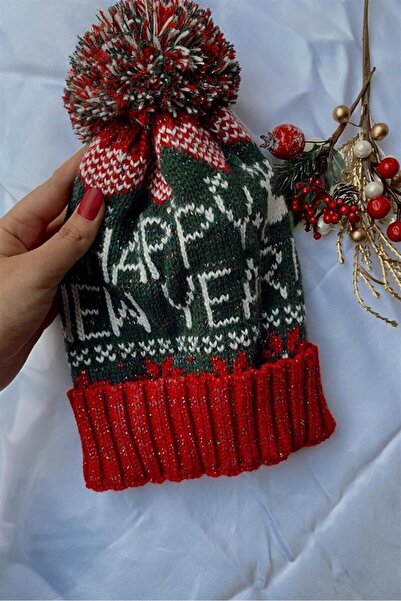 gül sezgin butik KIRMIZI YEŞİL UNİSEX YILBAŞI TEMALI KUTULU TRİKO ÖRGÜ HAPPY NEW YEAR PONPONLU BERE