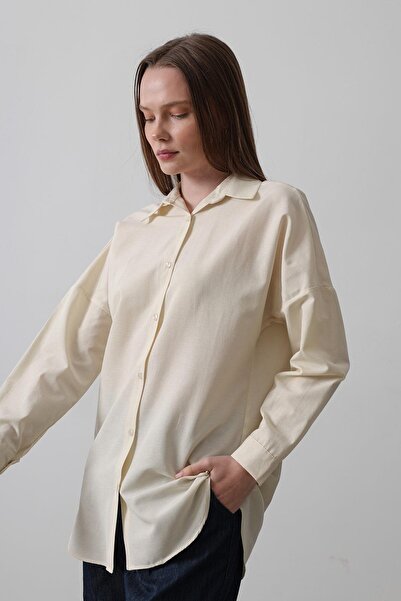 Trend Alaçatı Stili قميص نسائي كبير الحجم بأكمام طويلة بلون إكرو Vs00542