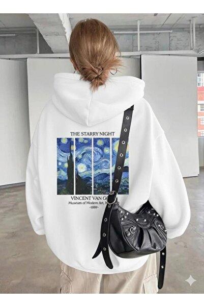 NO 601 Γυναικείο λευκό φούτερ με κουκούλα Van Gogh με τύπωμα