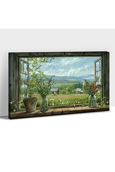 ALAYRA International لوحة جدارية قماشية من ALAYRA، تصور منظرًا ريفيًا لحظيرة ونوافذ مفتوحة