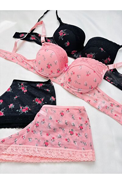 İNKO İÇ GİYİM Women's Padded and Supported Floral Pattern Petrol Green & Black 2-Piece Boxer Type Underwear Set