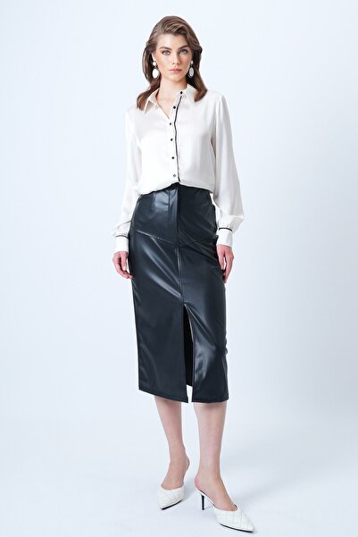 Trend Alaçatı Stili Γυναικεία μαύρη φούστα από συνθετικό δέρμα με διπλή τσέπη...