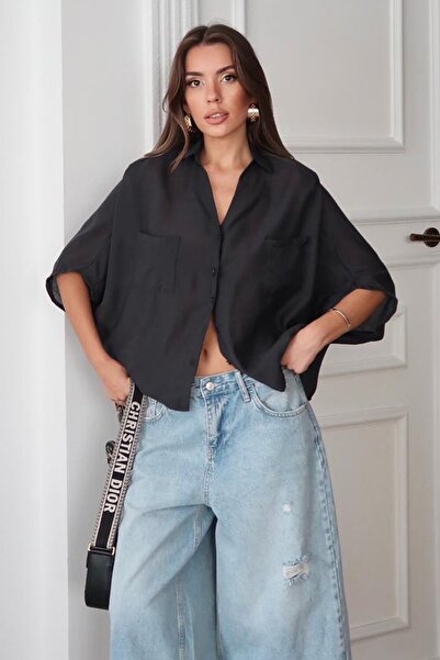 Trend Alaçatı Stili Women's Black Double Pocket Bat Sleeve Shirt Vs00664
