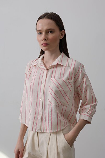Trend Alaçatı Stili Women's Pink Pocketed Striped Short Shirt Vs00500