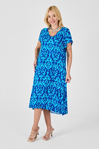 Trend Alaçatı Stili Women's Blue Patterned V-Neck Midi Dress Vs00819