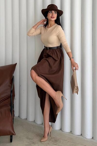 Trend Alaçatı Stili Kadın Bej-Kahve Bisiklet Yaka Pileli Kemerli Maxi Boy Elbise Vs01634