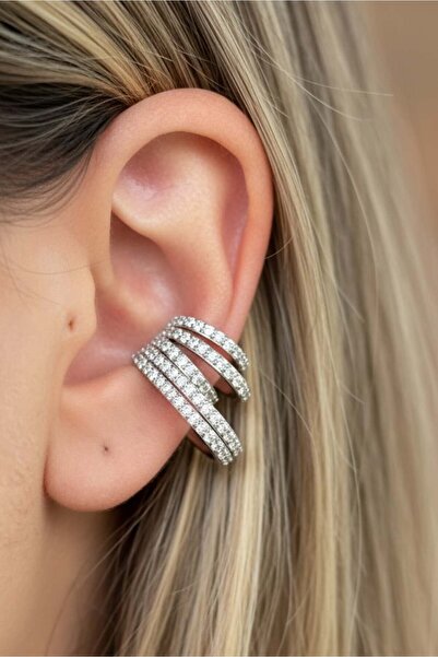 TAKIŞTIR Gümüş Renk Taş Detaylı 14K Altın Kaplama TX Ear Cuff (Tek)