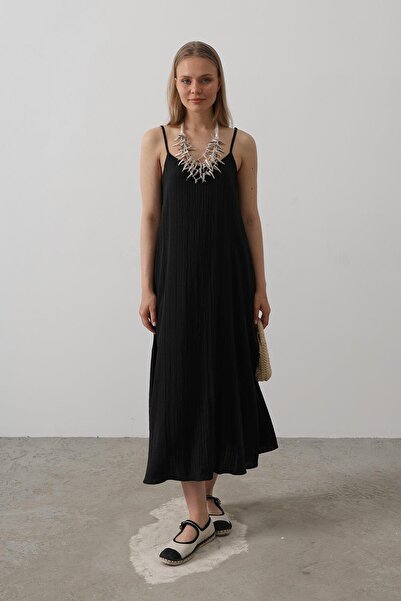 Trend Alaçatı Stili Women's Black Thin Rope Strap Linen Midi Length Dress Vs00583