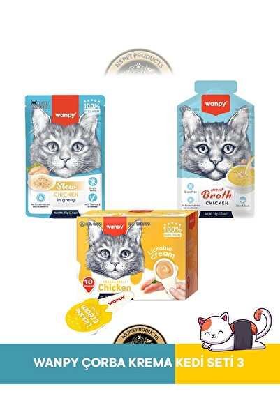 Wanpy Pouch Tavuk Kedi Yaş Mama 70 gr & Tavuk Çorbası 50 gr & Lickable Cream ...